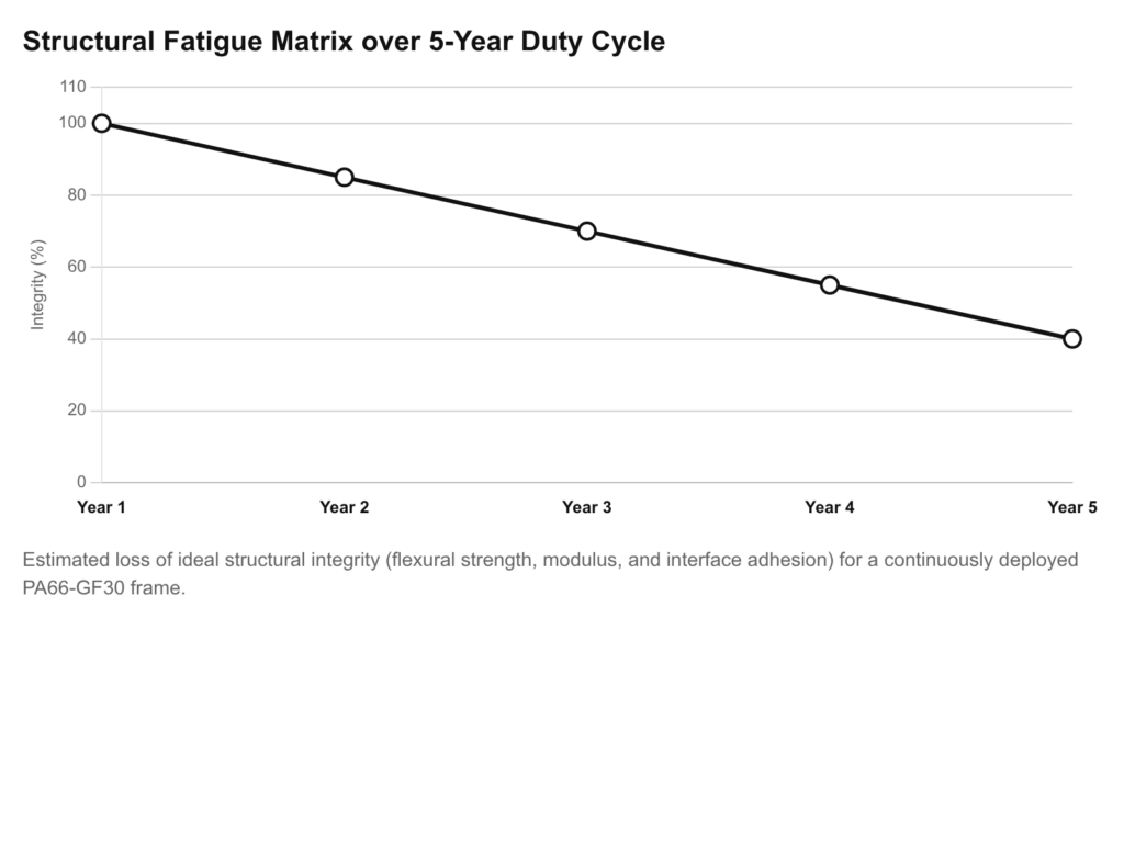 Structural fatigue matrix showing the 5-year degradation of a PA66-GF30 frame, relevant to the duty handguns analysis.