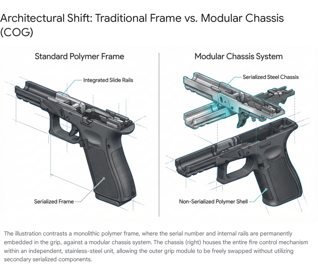 Traditional vs. modular pistol chassis: serialized frame, steel chassis, polymer shell.