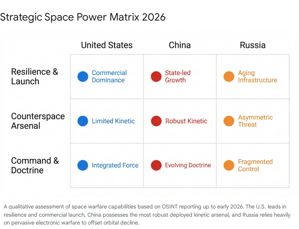 Strategic Space Power Matrix 2026: US, China, Russia. Resilience, Counterspace, Command.