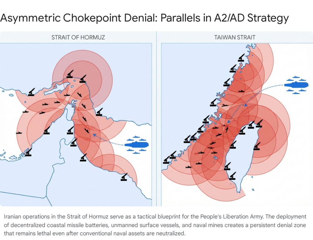 A2/AD strategy comparison: Strait of Hormuz vs. Taiwan Strait. "Asymmetric Chokepoint Denial" is the title.