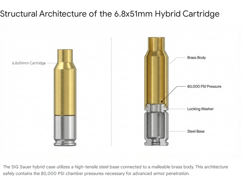 6.8x51mm hybrid cartridge diagram showing brass body, steel base, locking washer, and 80,000 PSI pressure.