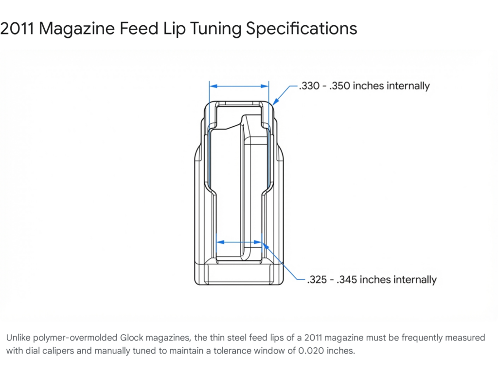2011 magazine feed lip tuning diagram with internal measurements. .330-.350 inches and .325-.345 inches.