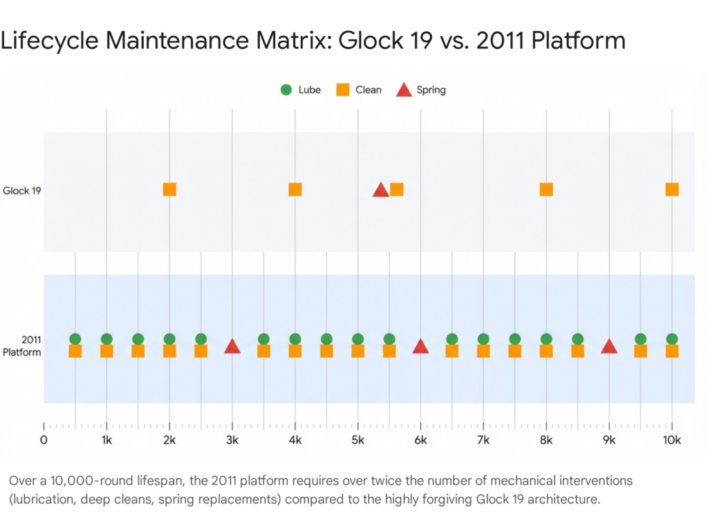 Lifecycle Maintenance Matrix: Glock 19 vs 2011 Platform. Glock 19 requires less maintenance than the 2011 platform.