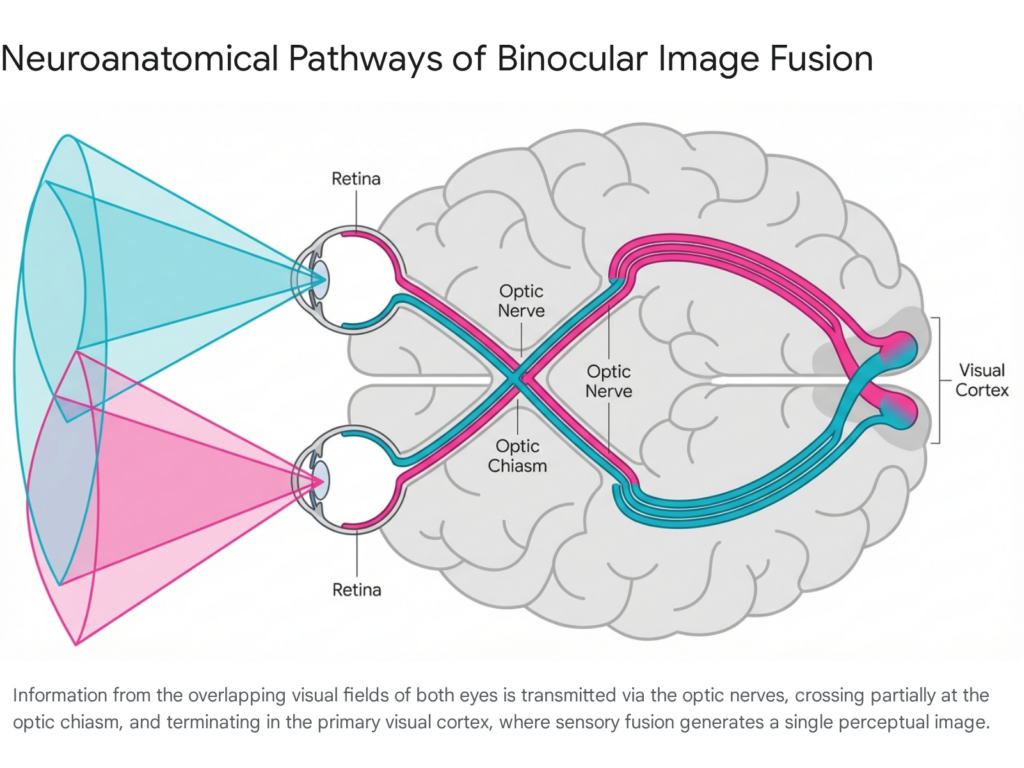 Binocular vision pathway diagram: Retina, optic nerve, chiasm, visual cortex. Image fusion explained.