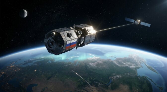 Russian satellite over Earth, possibly illustrating Russia's space warfare strategy.