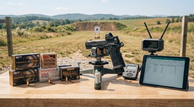Staccato XC pistol on a bench with 9mm ammo, timer, and data. Top 9mm Loads for Staccato XC.