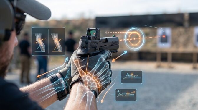 Law enforcement officer with handgun, optimal grip angle analysis.