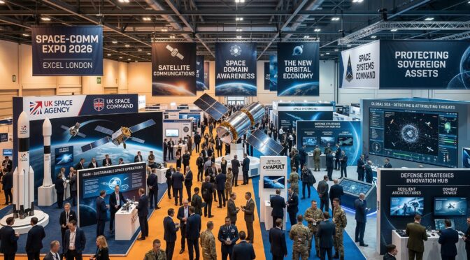 Space-Comm Expo 2026 at Excel London, featuring space defense strategies and satellite communications.