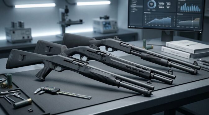 Three tactical shotguns on a workbench with tools and a monitor displaying data.