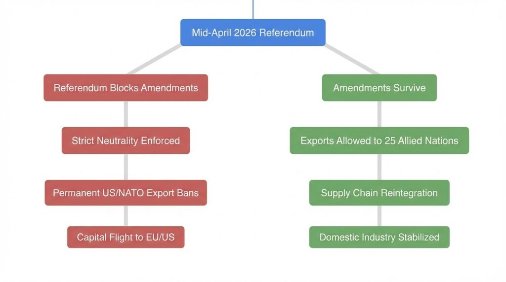 Mid-April 2026 referendum flowchart showing potential outcomes: amendments blocked (strict neutrality) or amendments survive (exports allowed).
