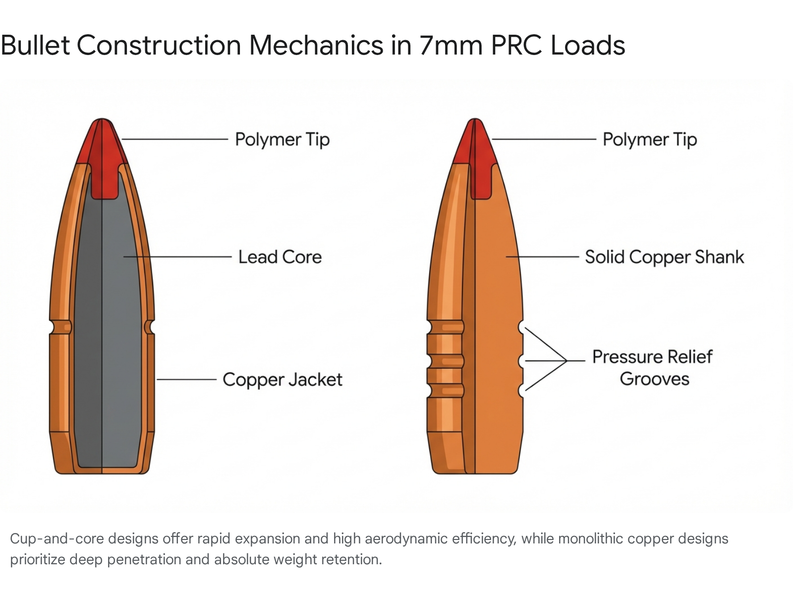 7mm PRC bullet construction: Cup-and-core with lead core, and monolithic copper with pressure relief grooves.