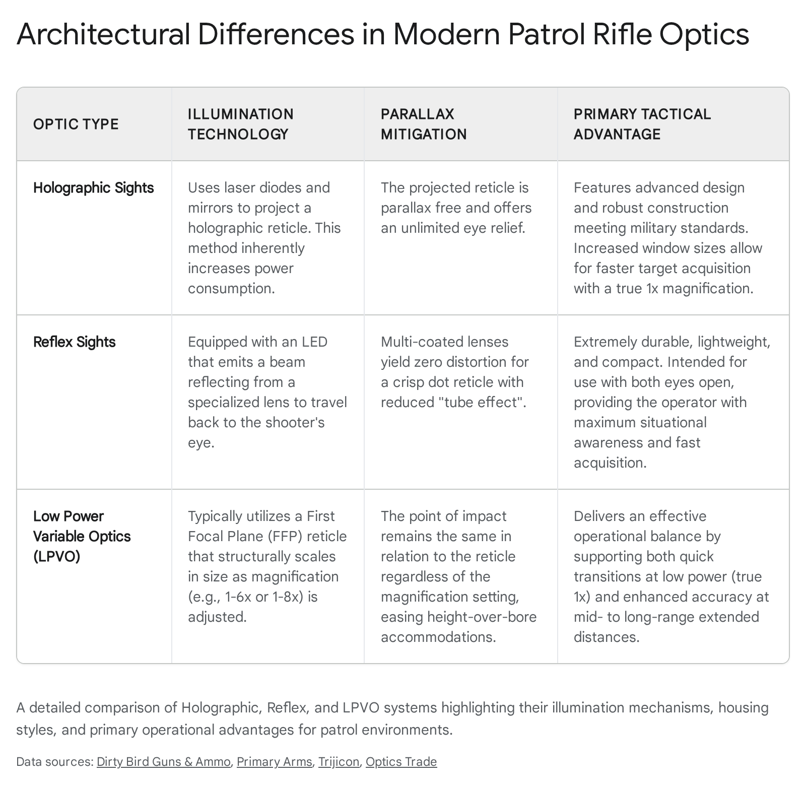 Modern patrol rifle optics comparison: holographic sights, reflex sights, and low power variable optics (LPVO).