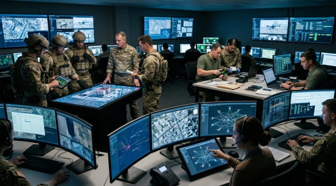 Military personnel in a command center analyzing data, possibly related to F3EAD targeting cycle analysis.