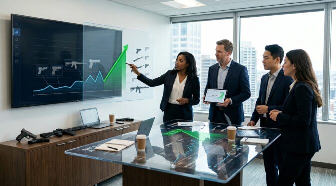Business team analyzing small arms market rebound with graph and firearm visuals.