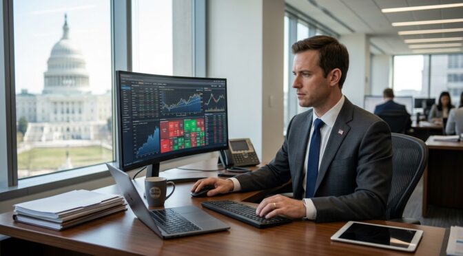 Financial analyst reviews stock market data near the U.S. Capitol Building.