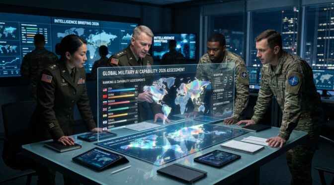 Military personnel review global AI capabilities assessment on a holographic display. "Global Military AI Capability: 2026 Assessment" text visible.