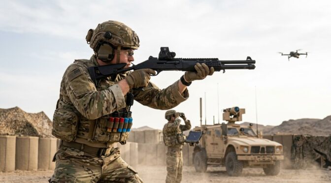 Soldier aims 12-gauge shotgun at drone, part of modern counter-UAS doctrine training.