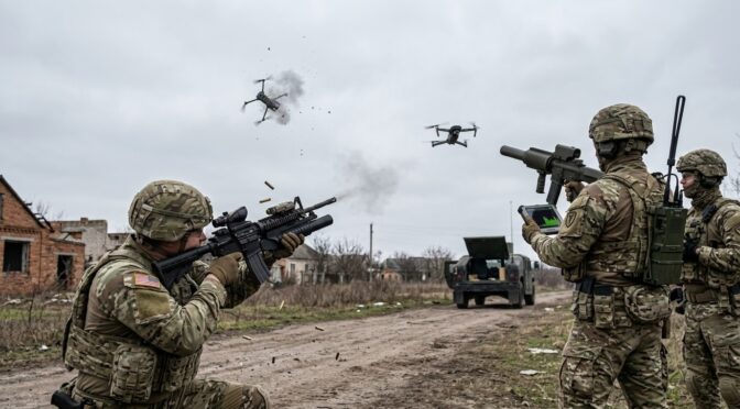 Infantry counter-UAS operations: Soldiers target drones with rifles and electronic warfare.