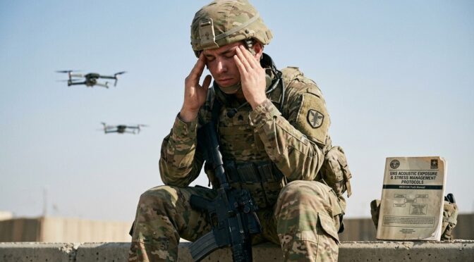 Soldier with headache, drones overhead. "UAS Acoustic Exposure & Stress Management Protocols" manual visible.