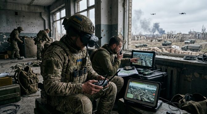 Ukrainian soldiers using FPV drones for reconnaissance in a war-torn urban area during high-intensity conflict.