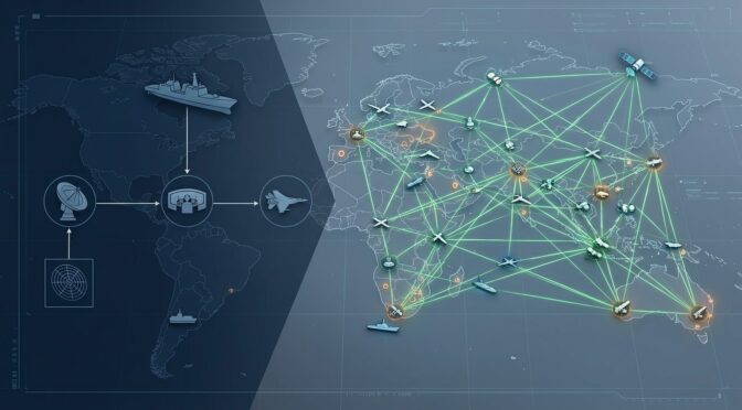 Global military network illustrating mosaic warfare and distributed kill webs, showing interconnected assets.