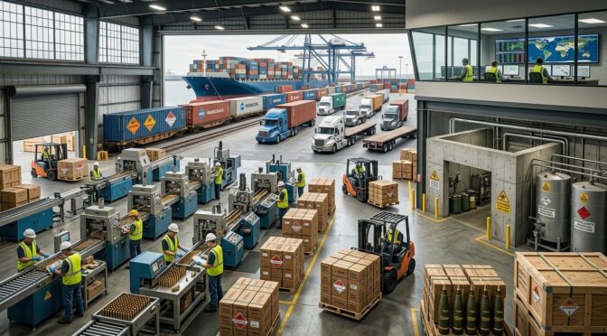 Global ammunition supply chain: Factory floor with workers, shipping containers, and cargo ship, highlighting energetics crisis.