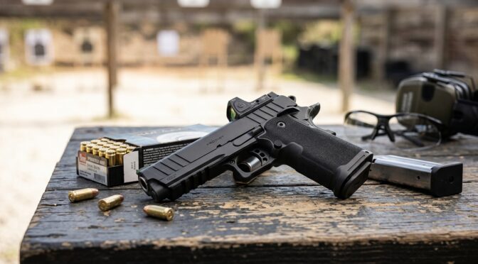 Springfield Armory Prodigy pistol on a shooting range with ammo.