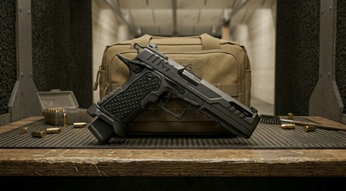 OA Defense 2311 Pro Elite firearm on a shooting range bench, with ammo and bag.