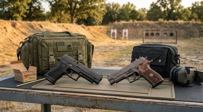 Two SIG Sauer 10mm pistols on a shooting range mat with ammo and gear.