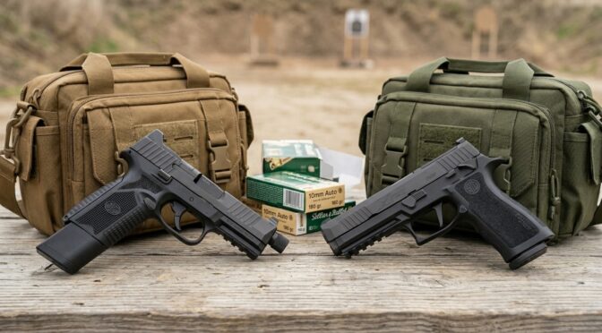 FN 510 Tactical and SIG SAUER P320-XTEN pistols on a wooden table.