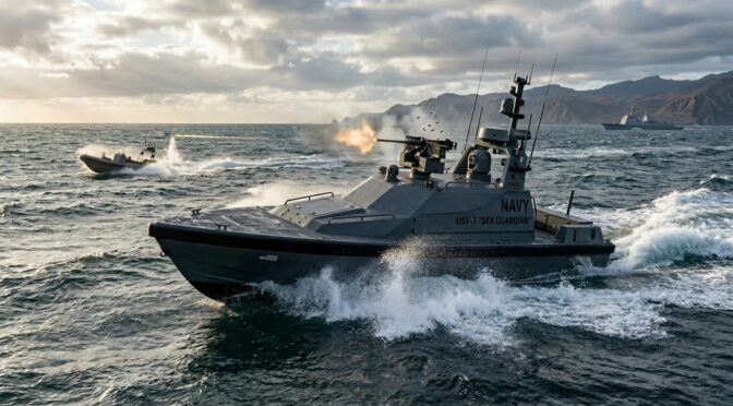 US Navy USV-7 Sea Guardian unmanned surface vessel firing its weapon during naval exercises.