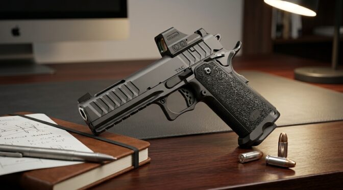 Bul Armory SAS II TAC firearm with Holosun optic, notebook, and ammo on a desk.