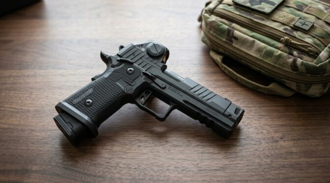 SIG SAUER P211-GTO firearm on a wooden table next to a tactical bag.