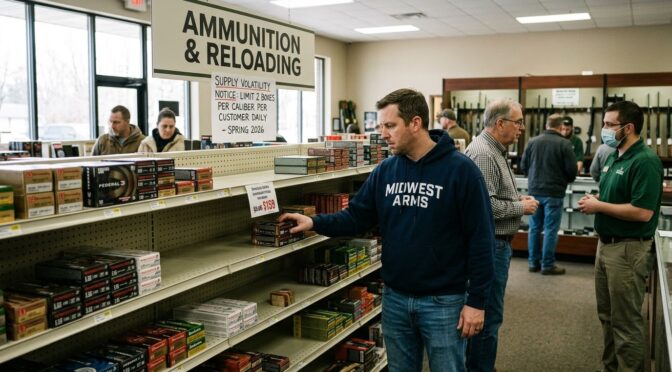 Man shops for ammunition at Midwest Arms in Spring 2026. Ammunition & Reloading sign visible.