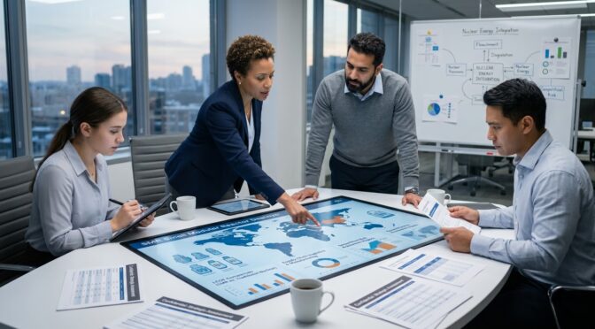 Team discusses SMR and MMR power generation on interactive display.