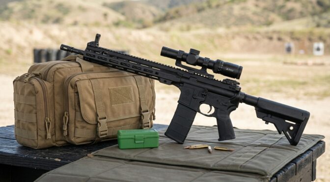 LWRC IC-MKII rifle with scope and bag on shooting range table