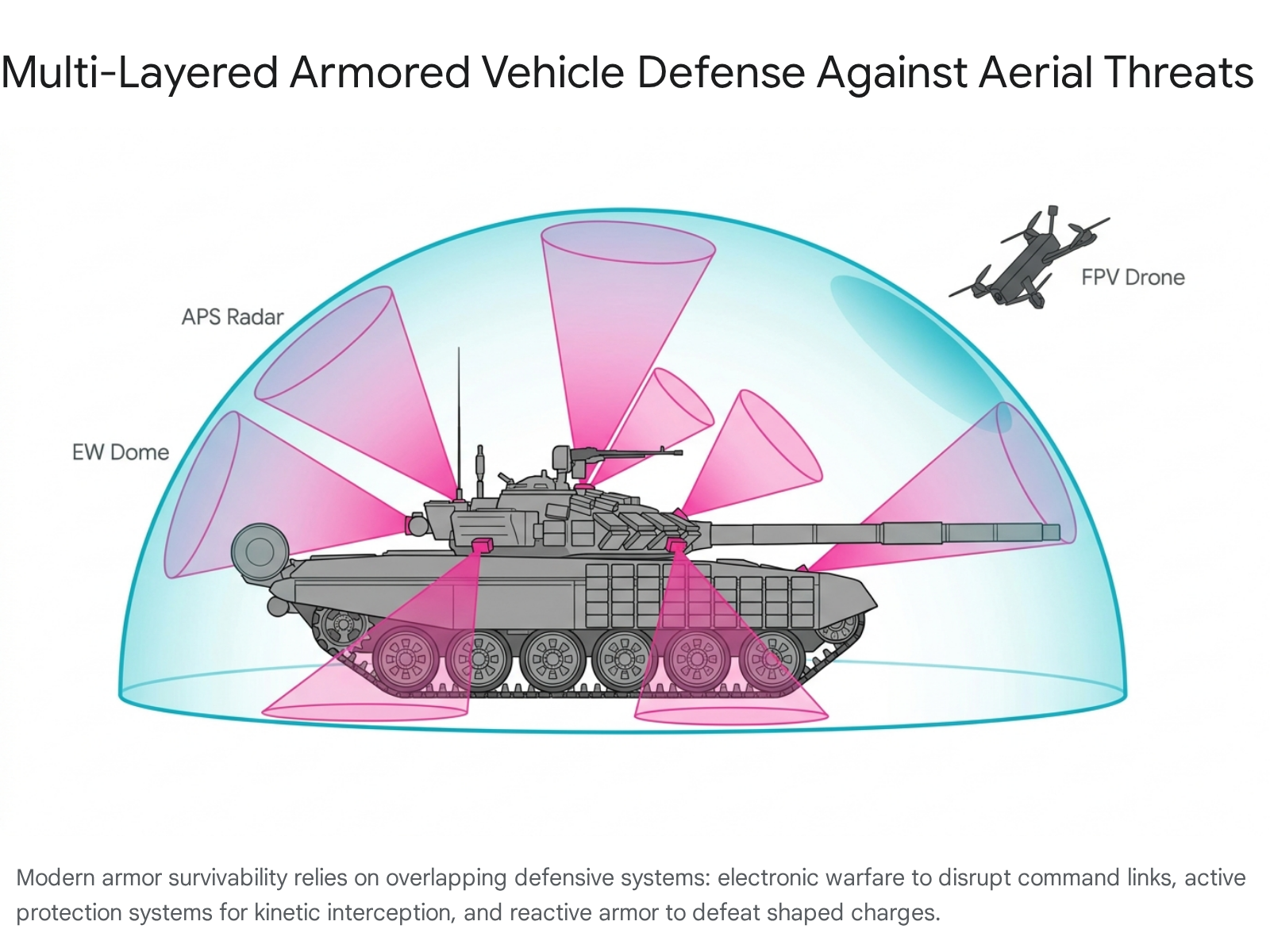 Tank with multi-layered defense against FPV drone aerial threats: APS radar, EW dome. "Multi-Layered Armored Vehicle Defense Against Aerial Threats" text.