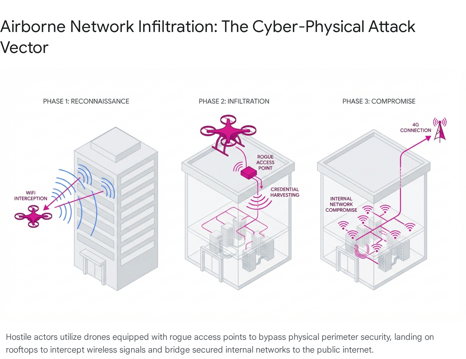 Drone cyber attack diagram: reconnaissance, infiltration, compromise. Airborne network infiltration.