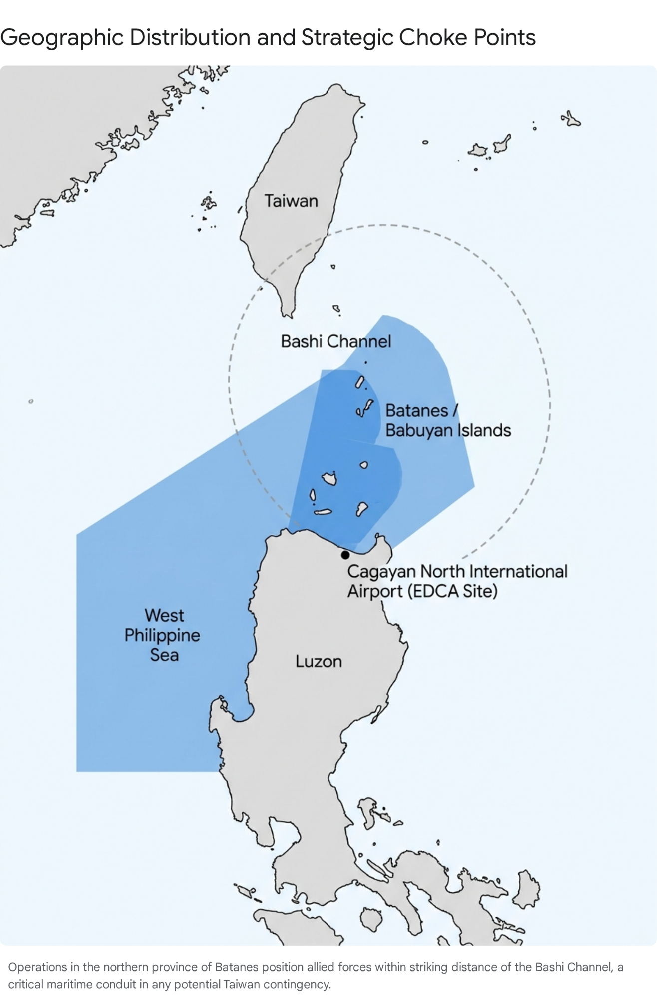 Map showing Taiwan, Bashi Channel, Luzon, and West Philippine Sea strategic choke points.