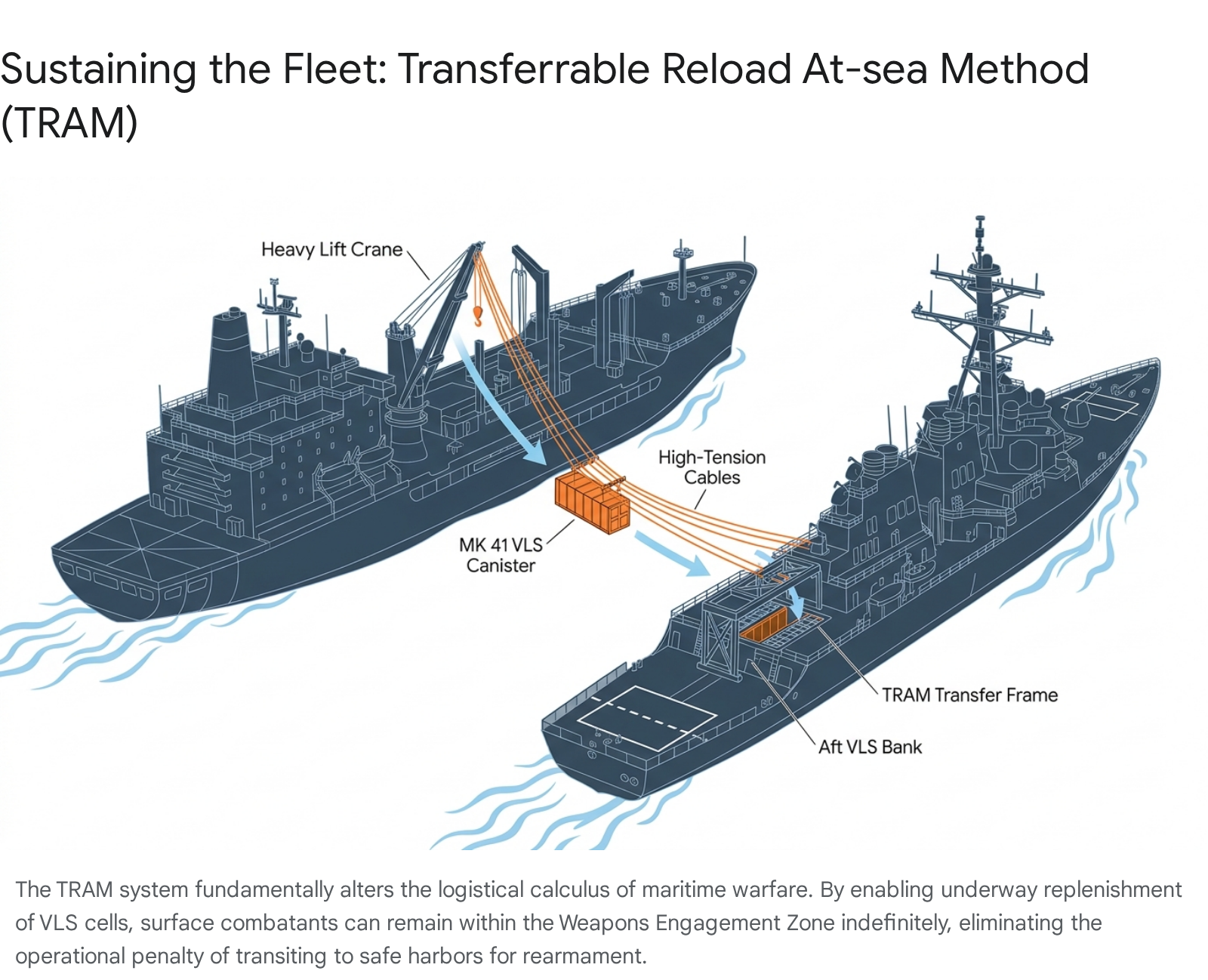 TRAM system transferring MK 41 VLS canister between ships at sea