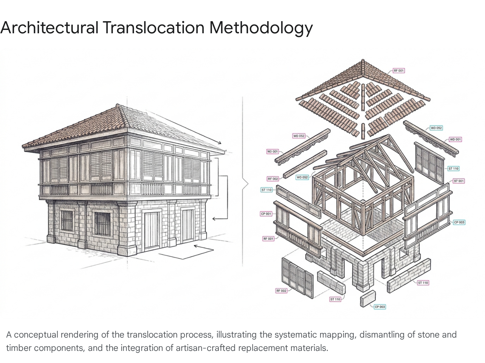 Architectural translocation methodology for heritage buildings: illustration of dismantling and reassembly.