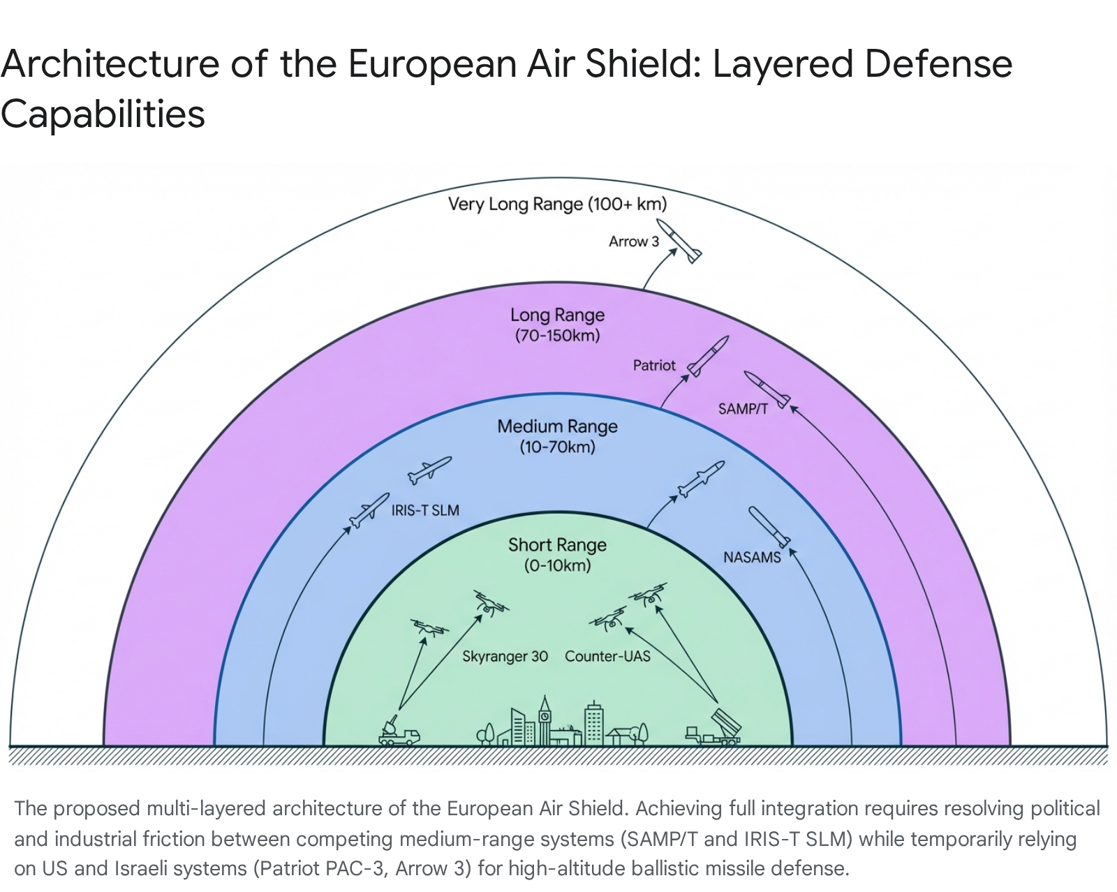 European Air Shield architecture: Layered defense capabilities with range details. Strategic viability for NATO defense.