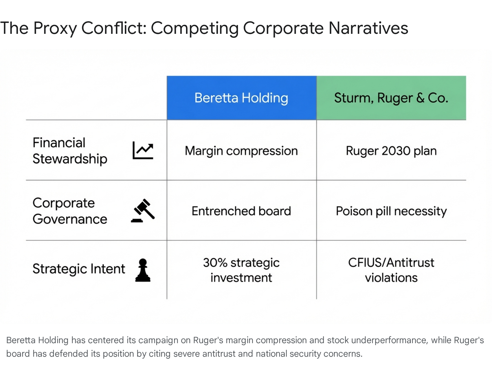 Proxy conflict table: Beretta Holding vs. Sturm, Ruger & Co. narratives.
