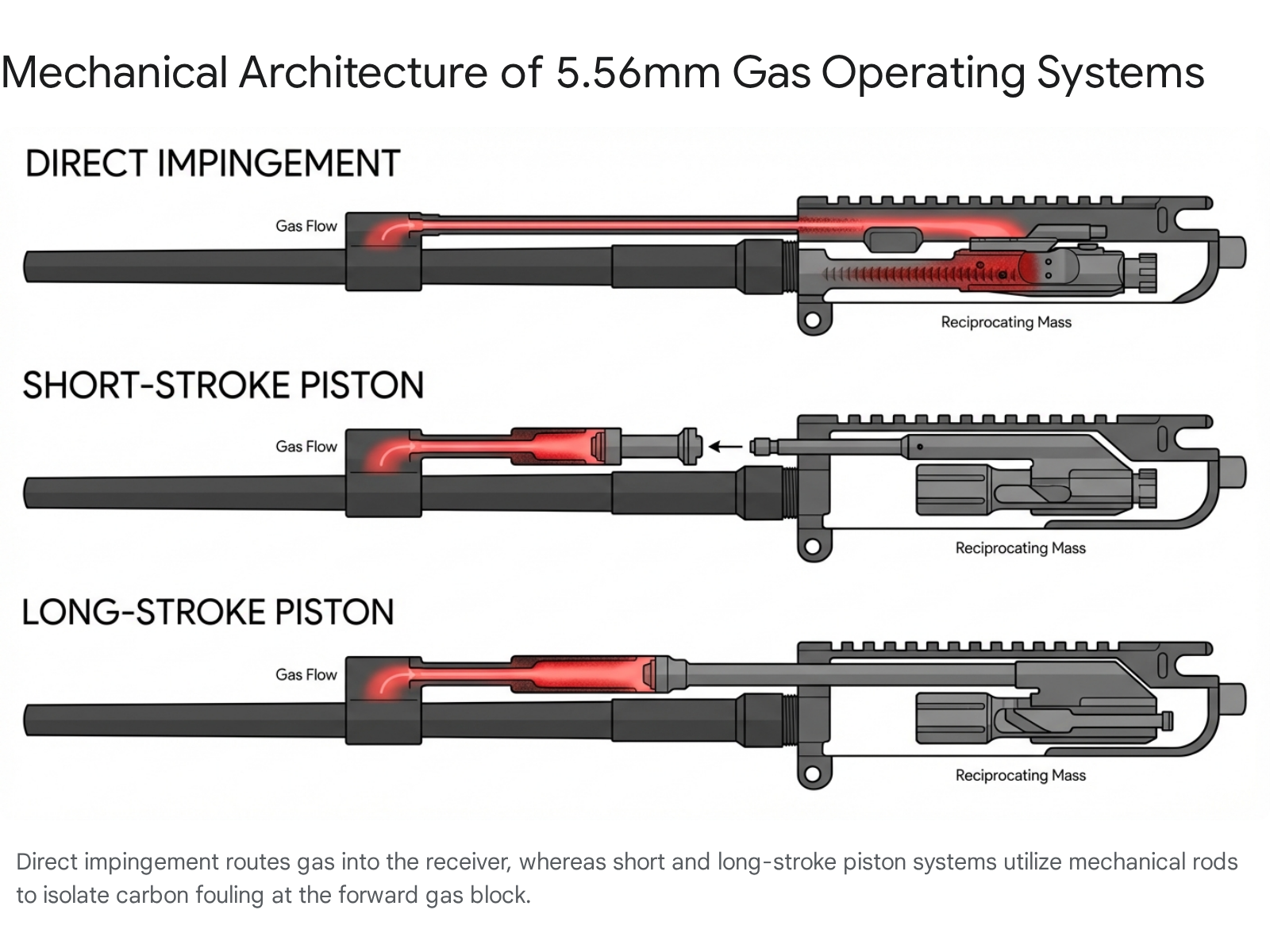 Diagram comparing 5.56mm gas operating systems: direct impingement, short-stroke piston, and long-stroke piston.