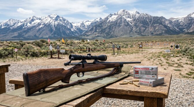 Rifle, Winchester .243 ammo, and targets at a shooting range with mountains in the background. "243 Winchester" text is visible.