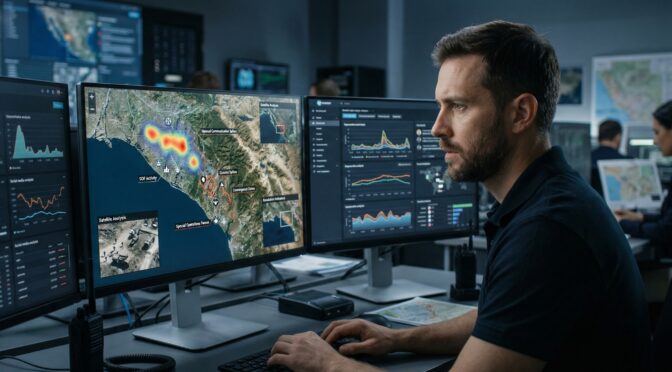 Analyst monitors special warfare & support movements on multiple screens. Ground invasion likelihood is high.