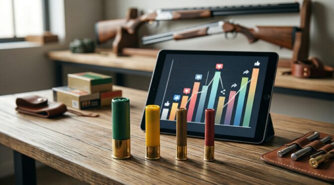 Shotgun shells in front of a tablet displaying a graph of social media discussion volume, Q1 2026.