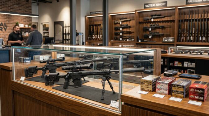 Gun store display case with rifles, .308 Winchester ammo from Federal, Black Hills. Tactical Armory.