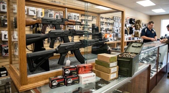 7.62x39mm ammunition and AK-47 rifles displayed in a gun store. Ammunition boxes from Wolf and Winchester are visible.