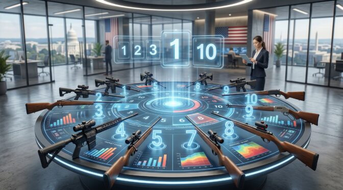 Top 10 rifles displayed on a futuristic table with market share data, reflecting a March 2026 market analysis.
